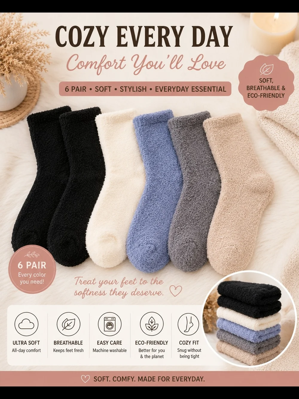 Source Unknown Cozy Everyday Crew Socks - Black, Cream, Blue, Gray, Tan